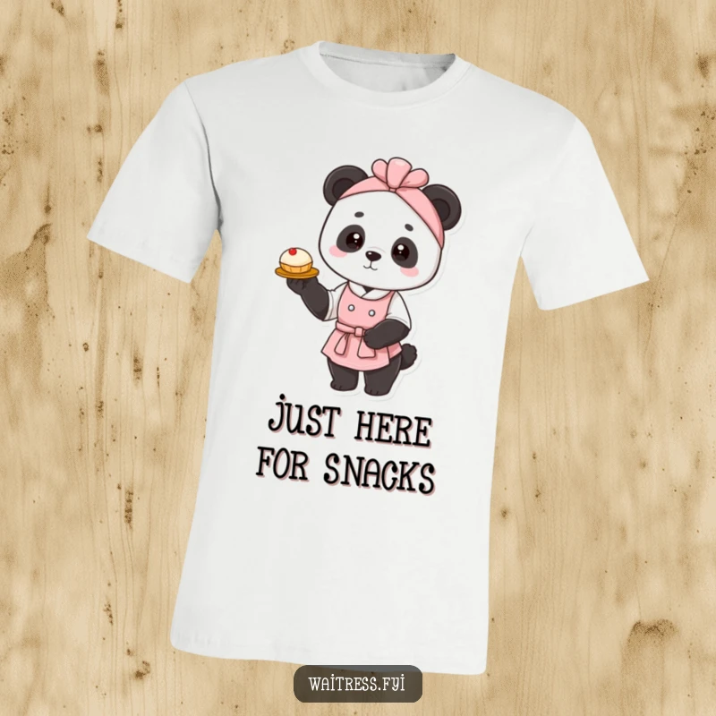 Funny panda waitress t-shirt depicting a graceful panda elegantly presenting a delicate pastry, showcasing a refined and humorous serving style.