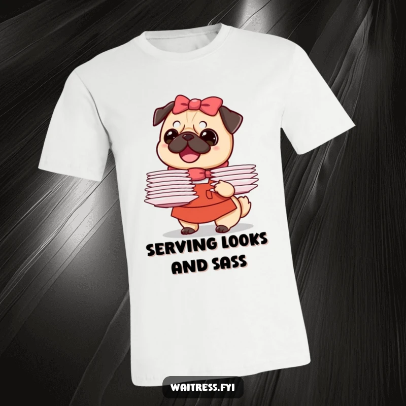 Funny Pug Waitress T-Shirt showing a beaming pug waitress artistically balancing a tall stack of plates with a happy expression.