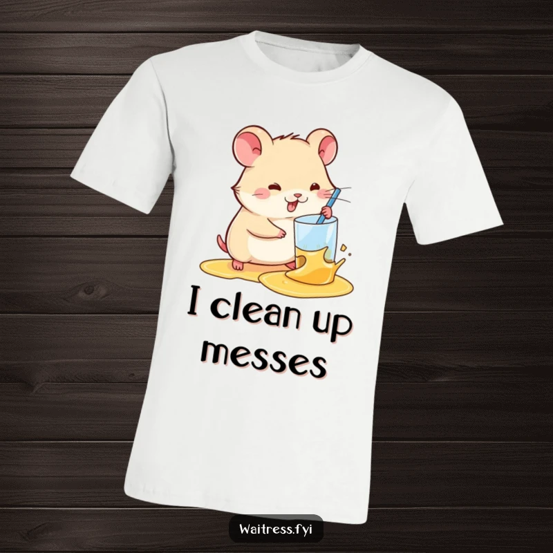 Funny Kawaii Hamster T-Shirt: A cute hamster is depicted swiftly cleaning a spilled beverage, capturing a moment of funny efficiency.