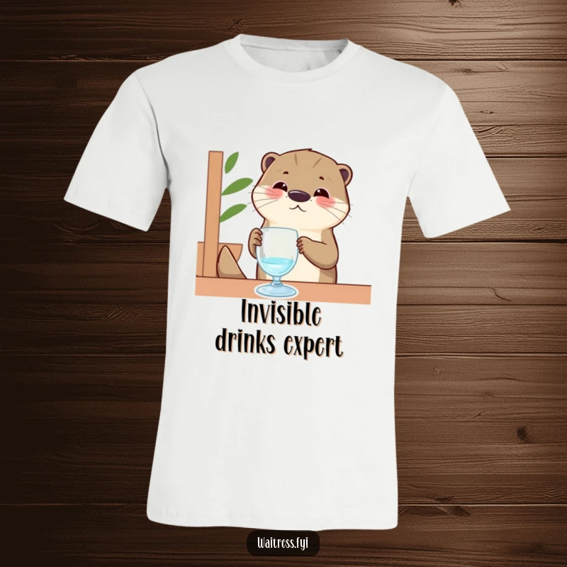 Funny Otter T-Shirt: A contented otter server intently polishes an invisible glass, showcasing its dedication and a humorous, happy vibe.