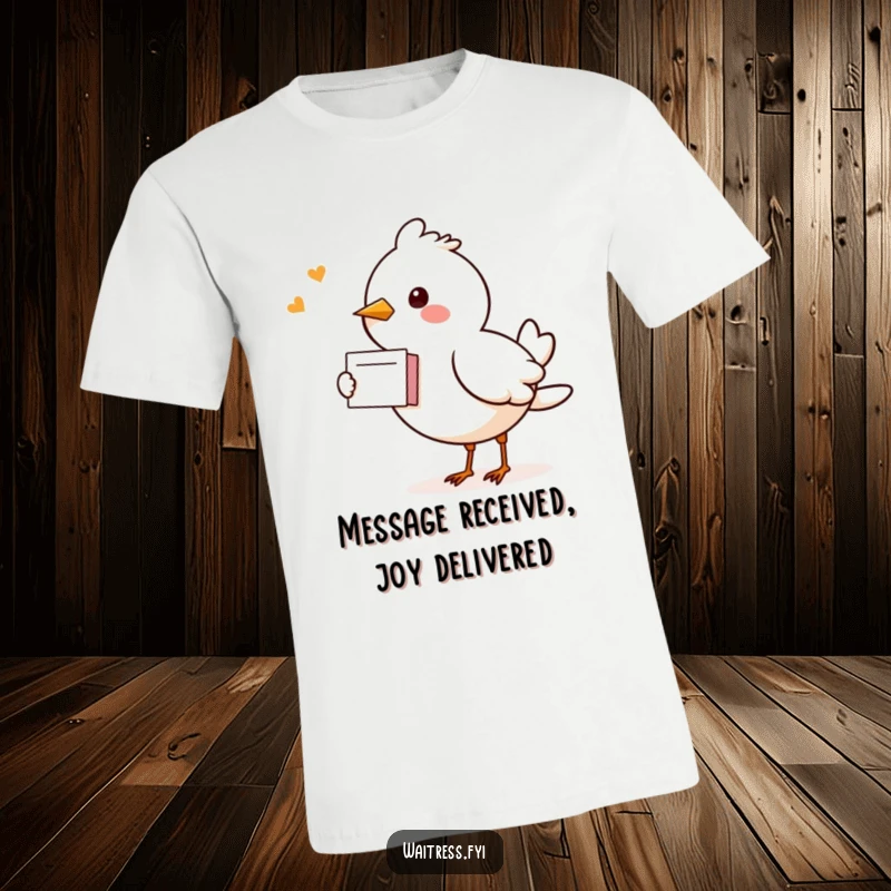 Funny Kawaii Bird T-Shirt: A cute, cheerful bird is depicted delivering a message note with happy chirps.