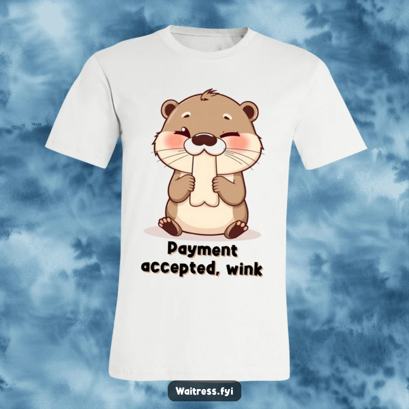Funny t-shirt of a giggling otter holding out a bill with a cheeky wink, embodying playful service.