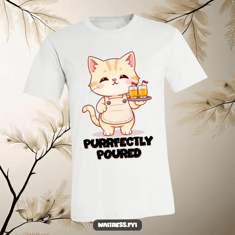 Funny kawaii cat t-shirt with a cute cat wearing an apron, balancing a tray of beverages, a humorous and stylish funny gift.
