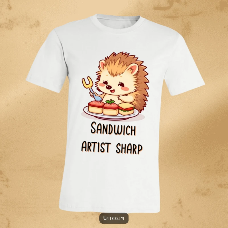 Funny Hedgehog Server T-Shirt: A charming hedgehog carefully places miniature sandwiches on a plate, embodying meticulousness and cute charm.