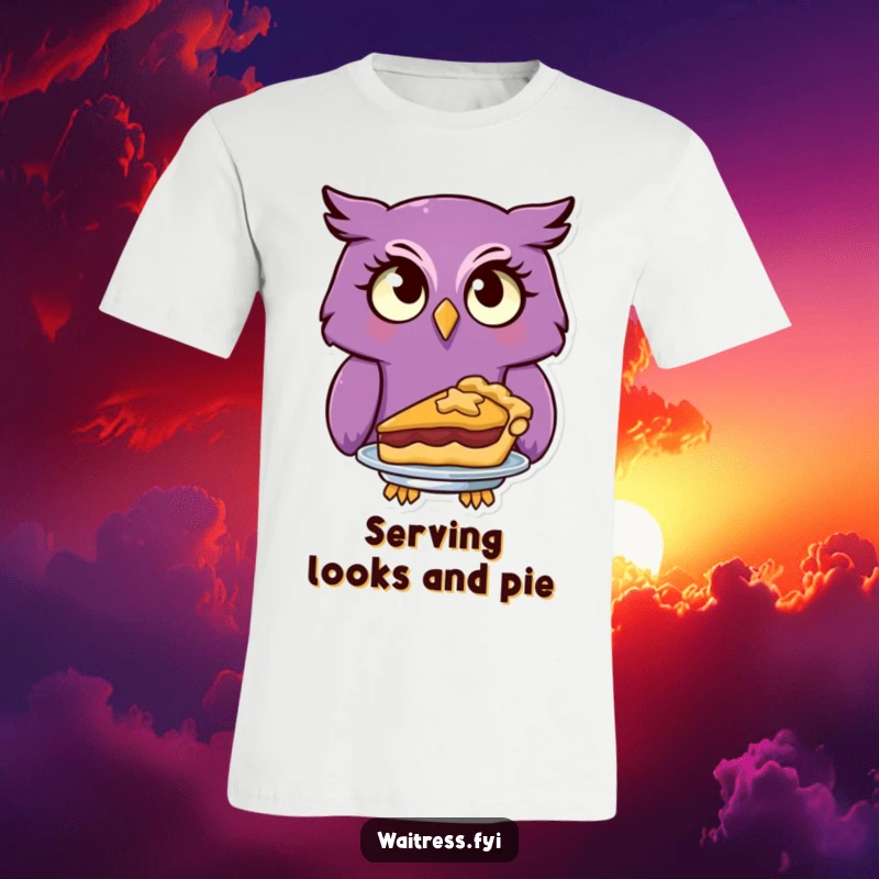 A curious purple owl character with a quizzical expression serves a delicious-looking pie on this funny t-shirt.