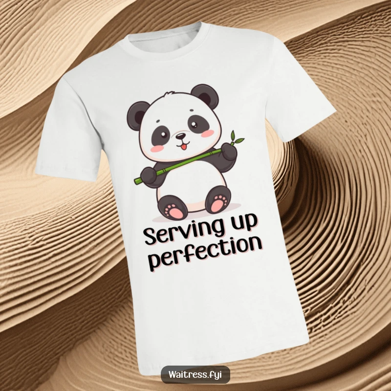 Funny Panda Serving T-Shirt depicting a cute panda proudly presenting a tiny bamboo shoot with a happy and content demeanor.