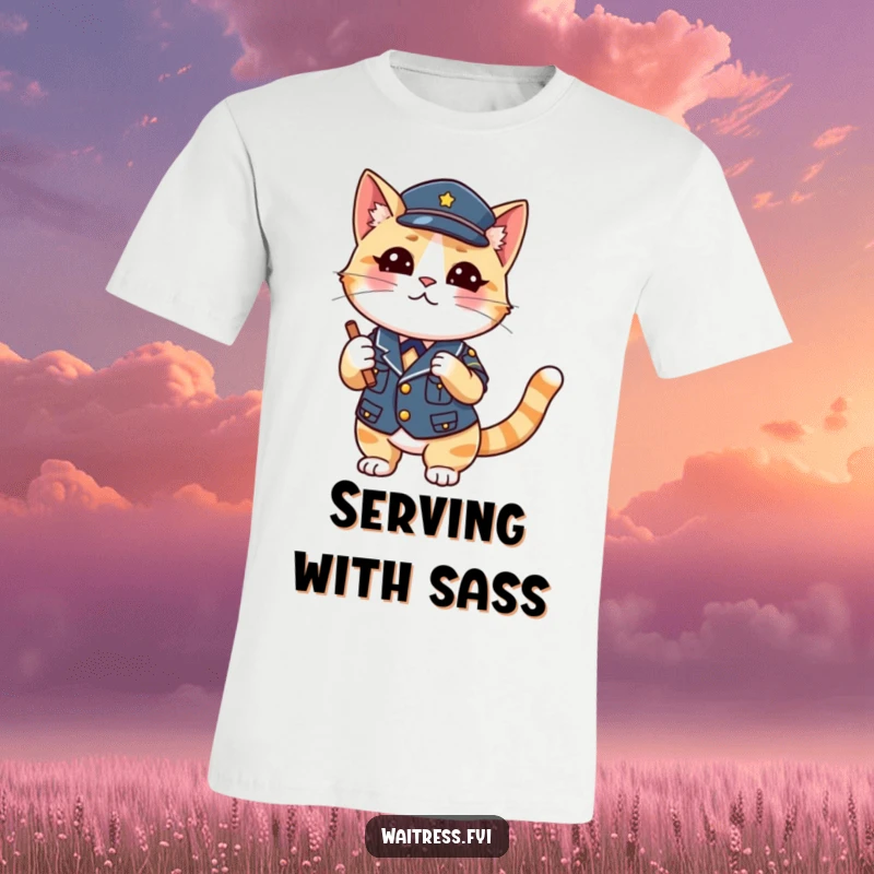 Funny Cat Waiter T-Shirt with a playful cat in a uniform winking while taking an order, perfect graphic tee.