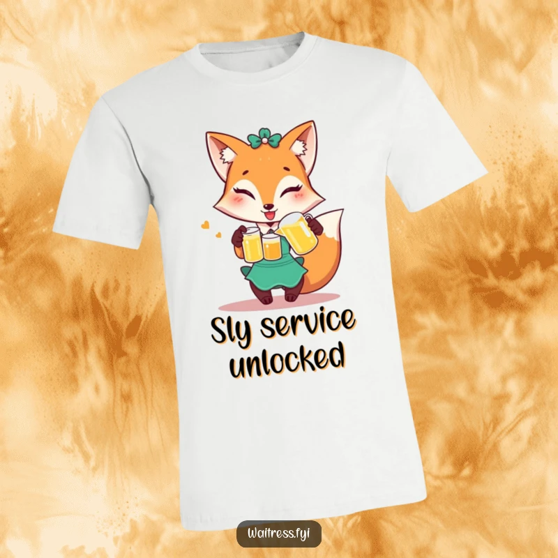 Funny Fox Waitress T-Shirt: Winking fox in waitress attire pouring juice, witty and humorous apparel.