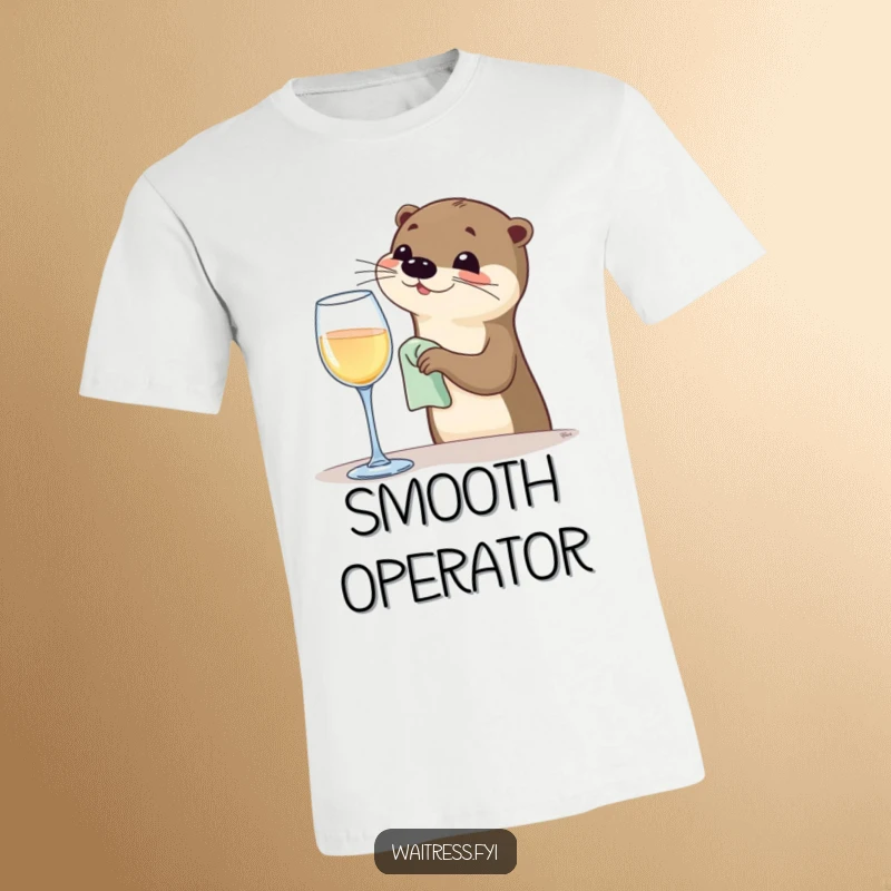 Funny Otter Bartender T-Shirt featuring a happy otter polishing a wine glass, perfect for parties and as a funny gift.