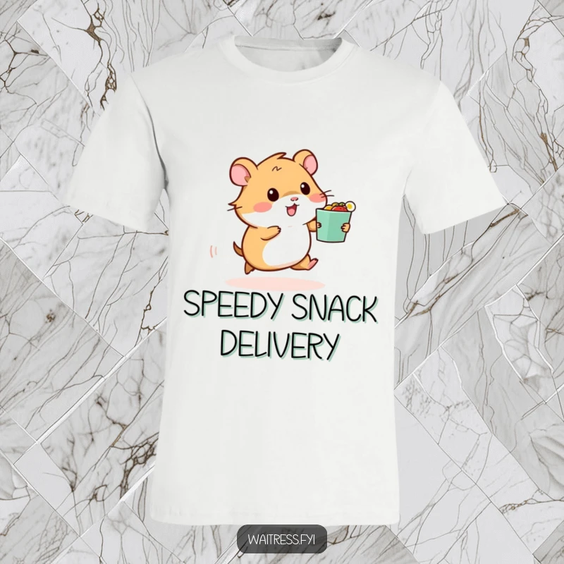 Funny t-shirt graphic of a small hamster sprinting with a food order, symbolizing speed and hunger with humor.