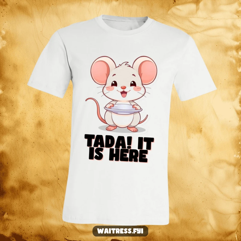 Funny Kawaii mouse t-shirt showing a smiling mouse presenting a plate with a flourish, perfect for foodies and friends.