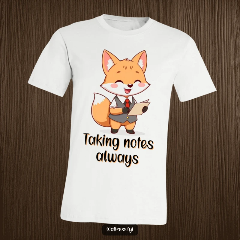 Funny fox waiter t-shirt depicting a cheerful fox attentively taking an order with a notepad, embodying service with humor.