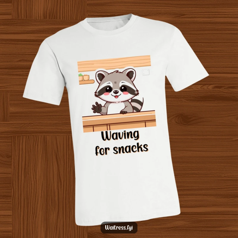 Funny raccoon t-shirt, a delighted raccoon peeking from behind a counter and giving a big friendly wave. Cute and comical animal.