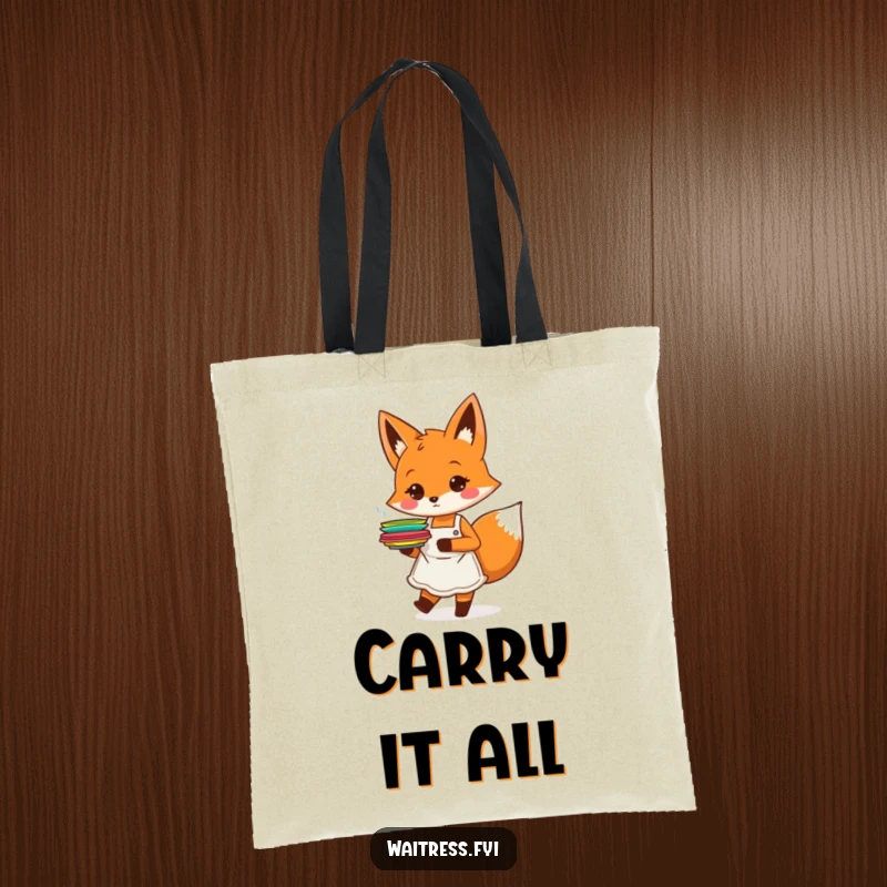 Funny orange fox character with an apron, happily carrying plates, on a tote bag, a funny useful gift.