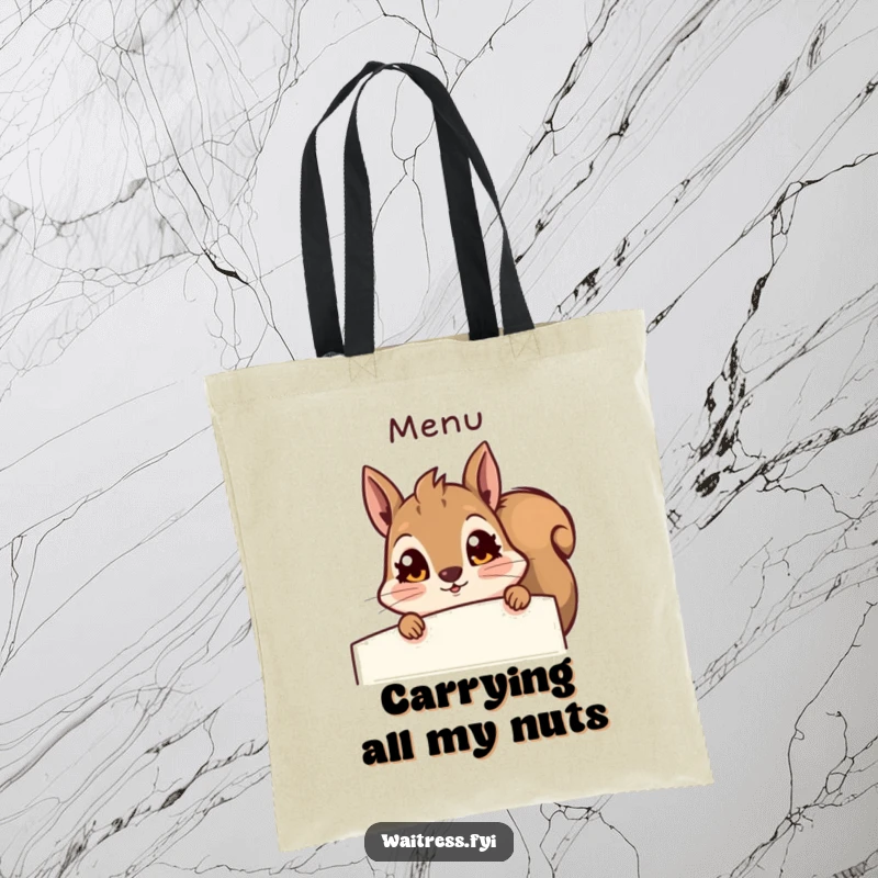 Funny squirrel tote bag, showing a shocked squirrel peeking from behind a menu. A practical and humorous accessory for shoppers.