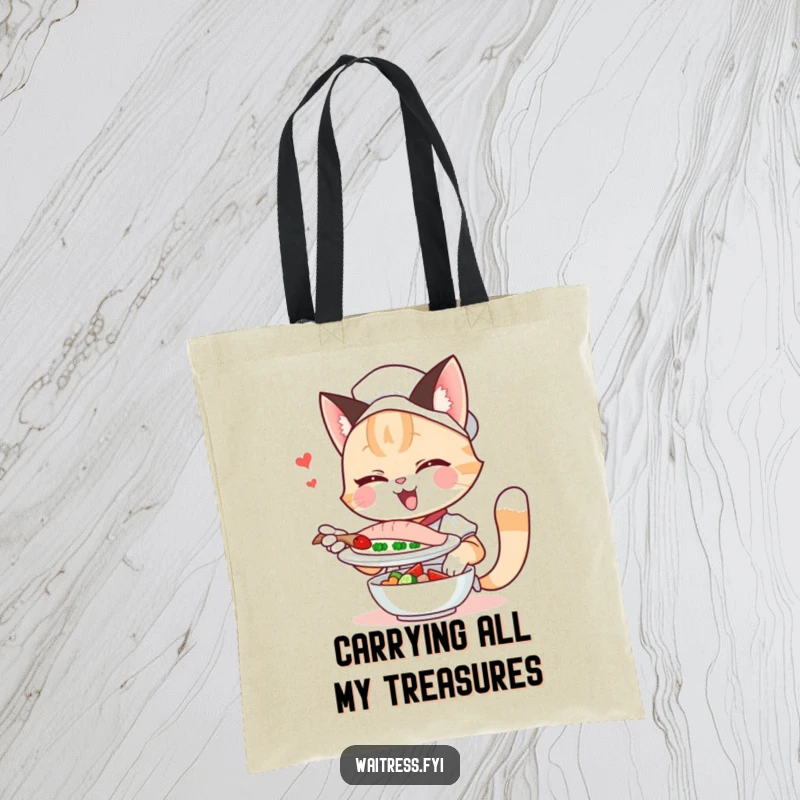 Funny winking cat waitress tote bag, stylishly carrying groceries with a playful feline wink, a humorous accessory.