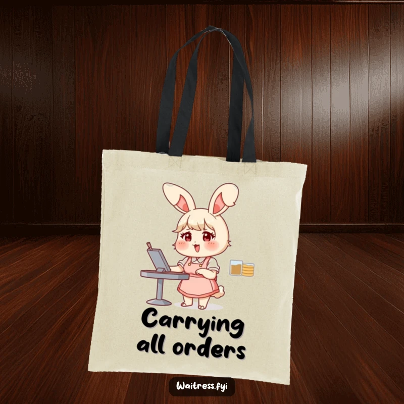 Funny bunny waitress tote bag with a chubby bunny taking an order with glee, ideal for shopping and as a funny gift.