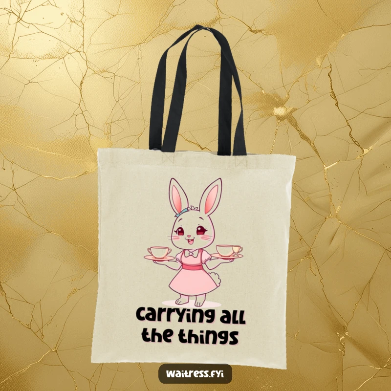 Funny Bunny Waitress Tote Bag showcasing a happy bunny balancing tiny teacups, excellent for shopping and as a funny gift.