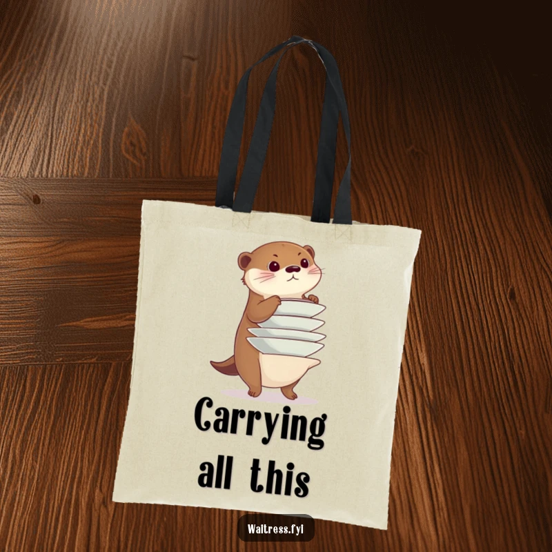 Funny otter tote bag, a diligent otter balancing a stack of plates precariously, perfect for carrying groceries or daily essentials.