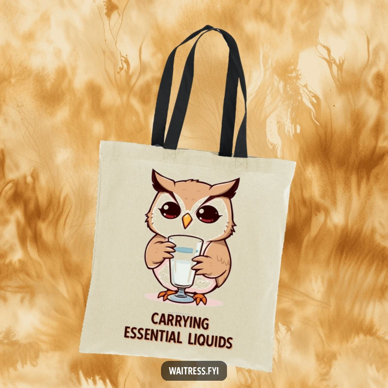 Funny Owl Tote Bag: Determined owl refilling a glass, symbolizing focus and attentiveness, a great funny gift.