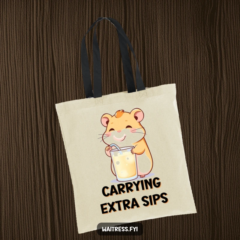 Funny tote bag with a happy hamster cheekily refilling a drink, perfect for everyday use with a theme of cheerful hydration.