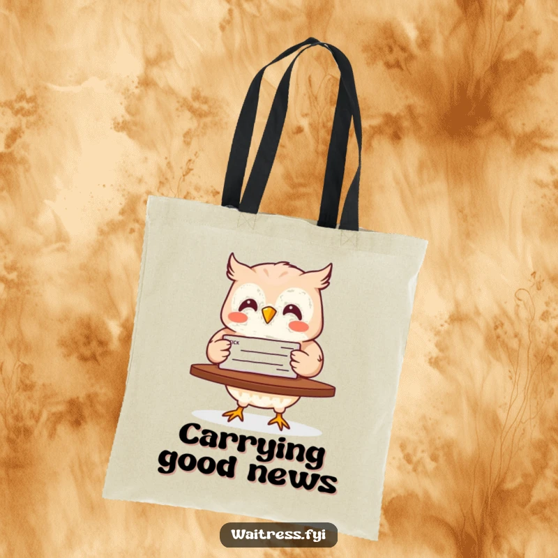 Funny tote bag with a delighted owl carrying a check, ideal for carrying essentials with a touch of financial humor.