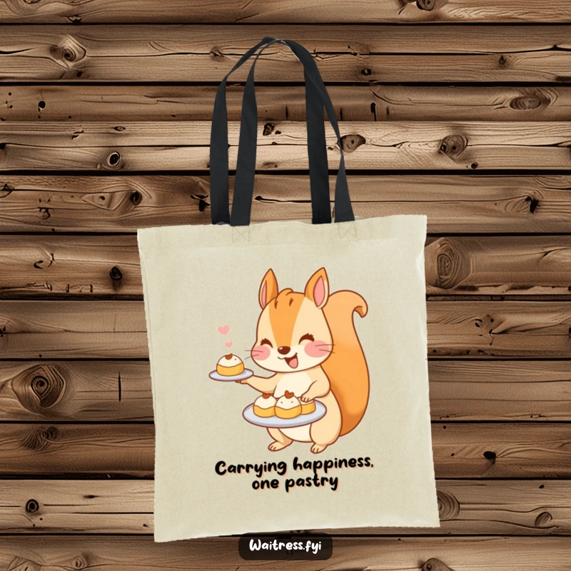 Funny Kawaii Squirrel Tote Bag: A cheerful squirrel is depicted serving a delightful array of miniature pastries, ready for shopping.