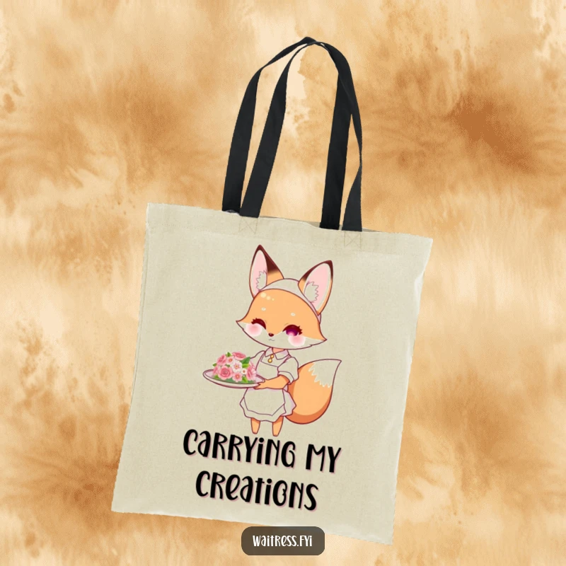 Funny fox waitress tote bag with a cute fox presenting a flower-decorated dish, ideal for shopping and as a funny gift.