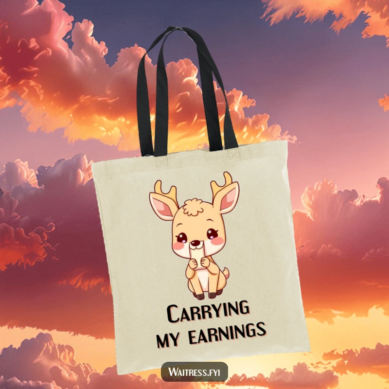 Funny Deer Tote Bag: Blushing deer presenting a bill, symbolizing politeness and gentle humor, a great funny gift.