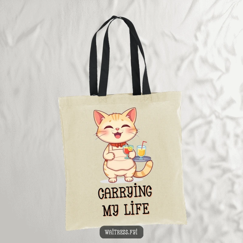 Funny Cat Waiter Tote Bag showcasing a happy cat in a server apron, balancing a tray of drinks.