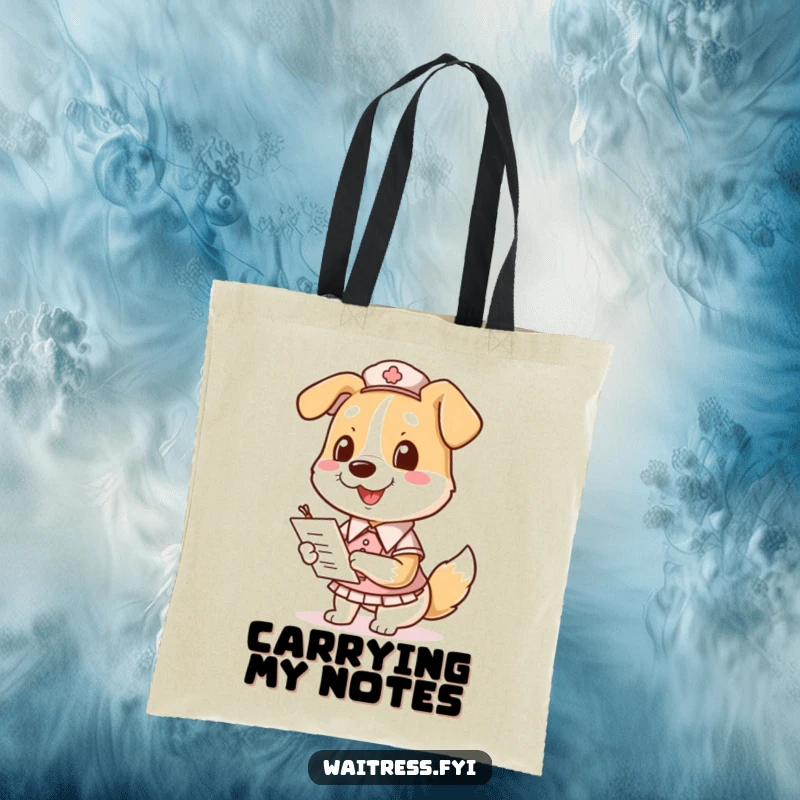 Funny Dog Waitress Tote Bag featuring a happy dog in a waitress uniform, diligently taking notes on an order pad.