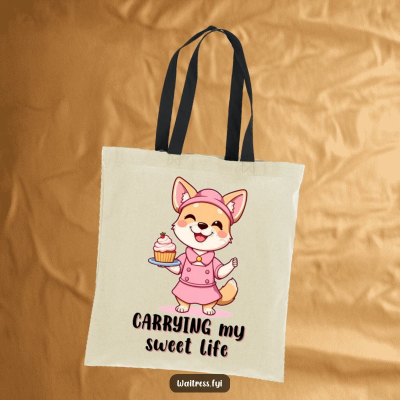 Funny Dog Waitress Tote Bag showing a smiling dog playfully balancing a yummy dessert, the ideal accessory for shoppers and pet lovers.