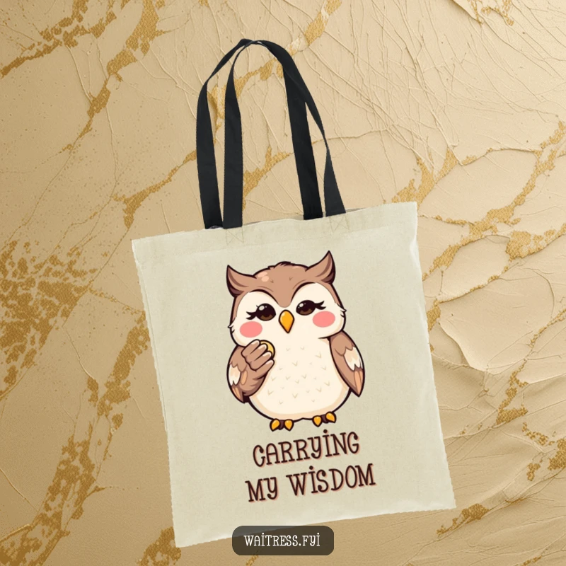 Funny Kawaii Owl Bill Tote Bag: Cute bag with a wise owl presenting a bill, perfect for carrying essentials and financial humor.