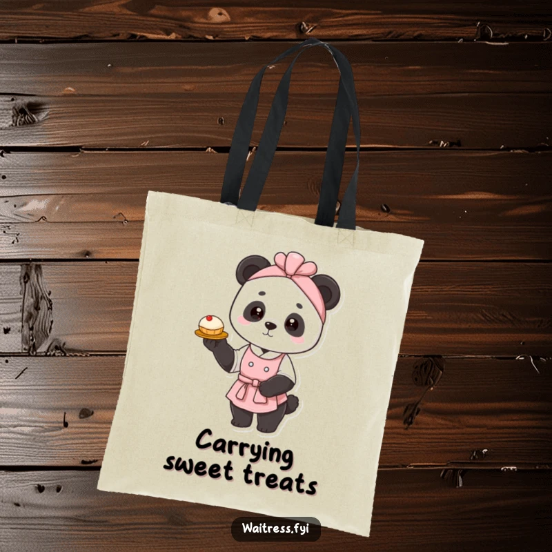 Funny panda waitress tote bag featuring a graceful panda elegantly presenting a pastry, perfect for carrying items with a touch of class and humor.