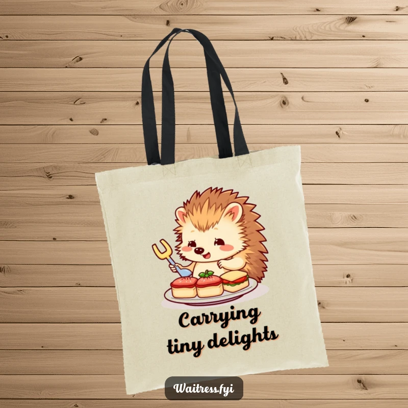 Funny Hedgehog Server Tote Bag: Features a charming hedgehog carefully arranging miniature sandwiches, adding a touch of quaint elegance.