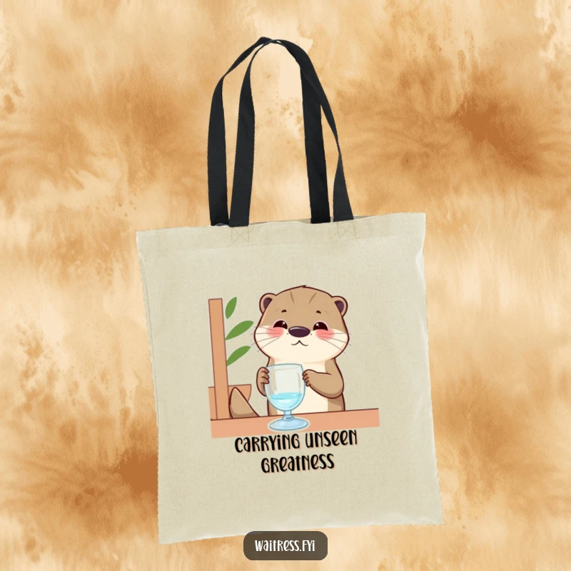 Funny Otter Tote Bag: A contented otter server is depicted polishing an invisible glass, symbolizing meticulousness with a humorous, charming twist.