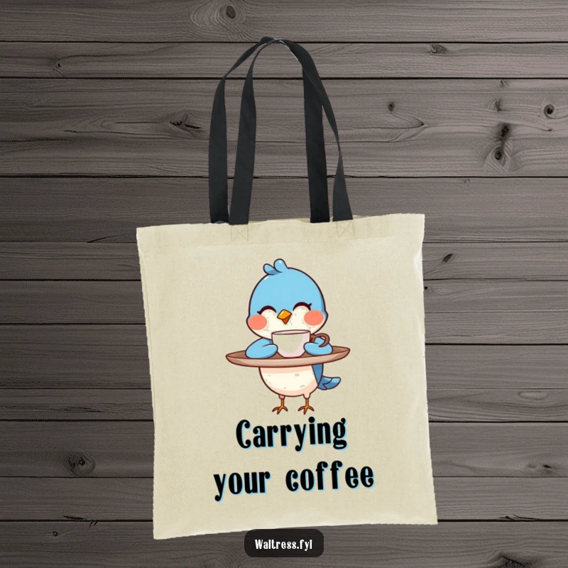Funny blue bird character balancing a tray, winking as it presents a steaming cup on a tote bag, a funny gift.