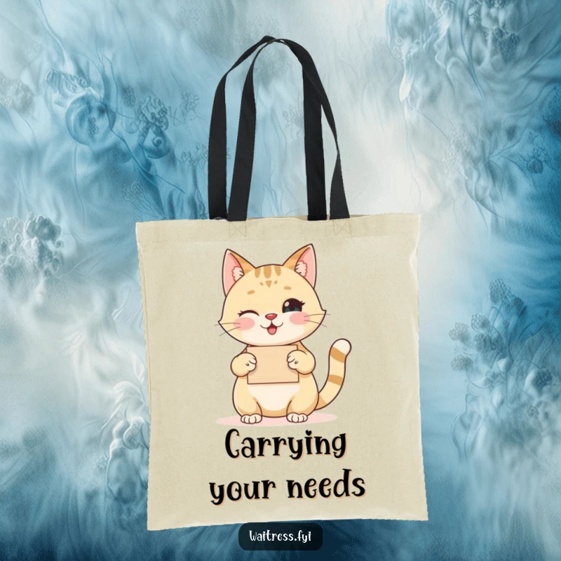 Funny cat tote bag with a happy cat taking an order with a polite nod and twinkling eye, stylish and humorous.