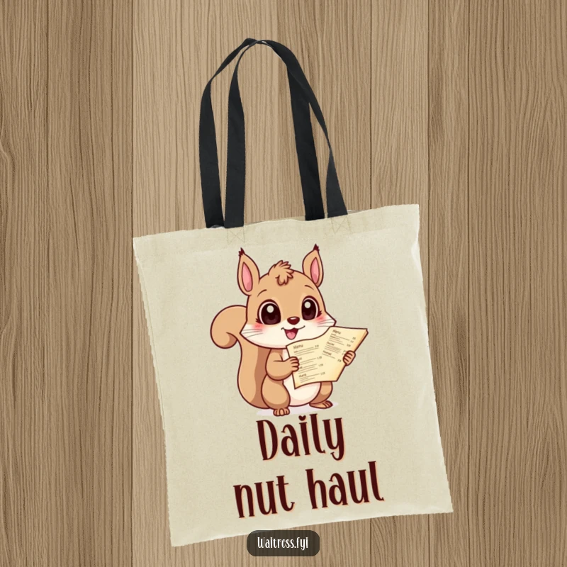 Funny tote bag with a giggling squirrel holding a menu with large, expressive eyes, perfect for shopping trips.
