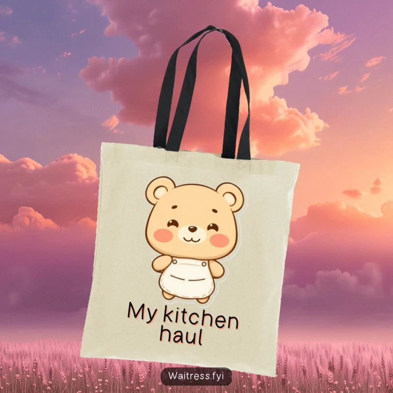 Funny Bear Tote Bag: Cute bear wearing an apron, symbolizing culinary happiness, a perfect funny gift.
