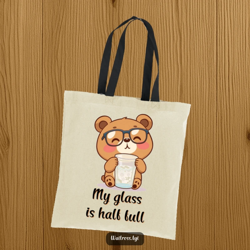 Funny brown bear wearing glasses is depicted refilling a water glass on this durable tote bag.