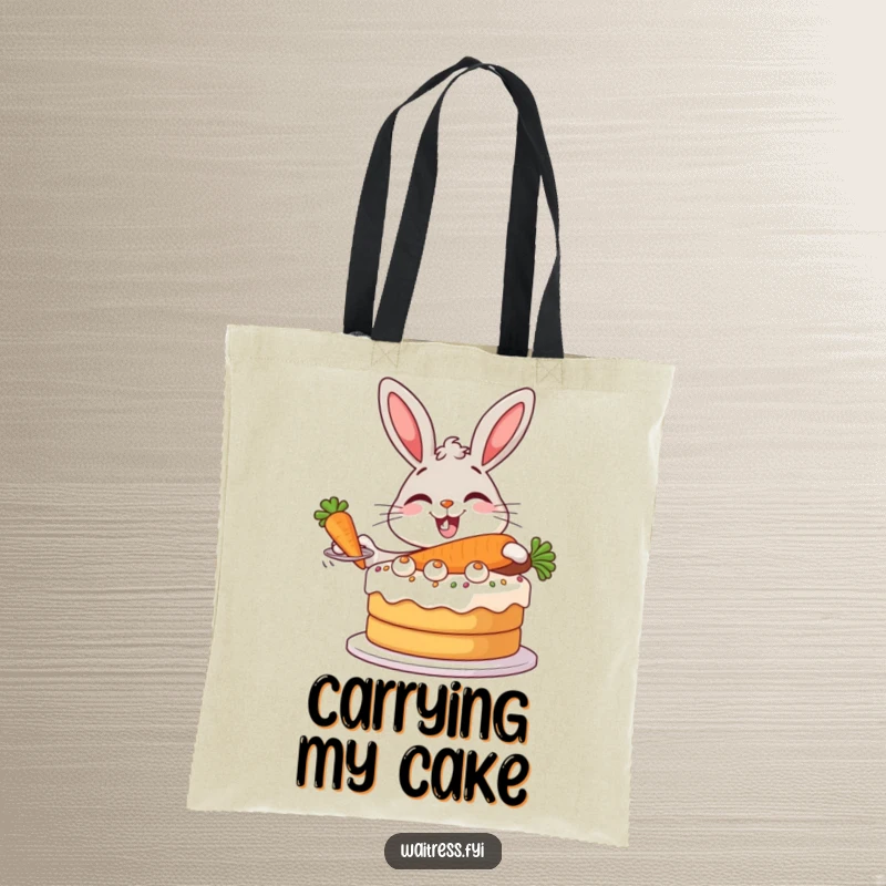 Funny Bunny Baker Tote Bag showcasing a giggling bunny serving a giant carrot cake with impressive presentation skills.