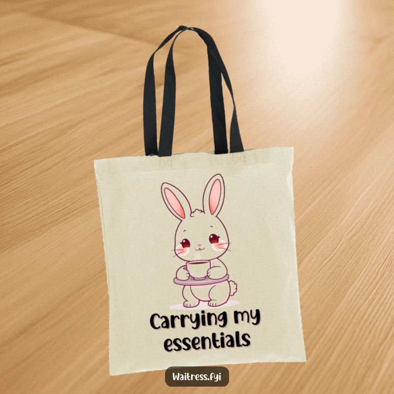Funny bunny character holding a tea tray and teacup on a durable tote bag, ideal for shopping and carrying daily items.