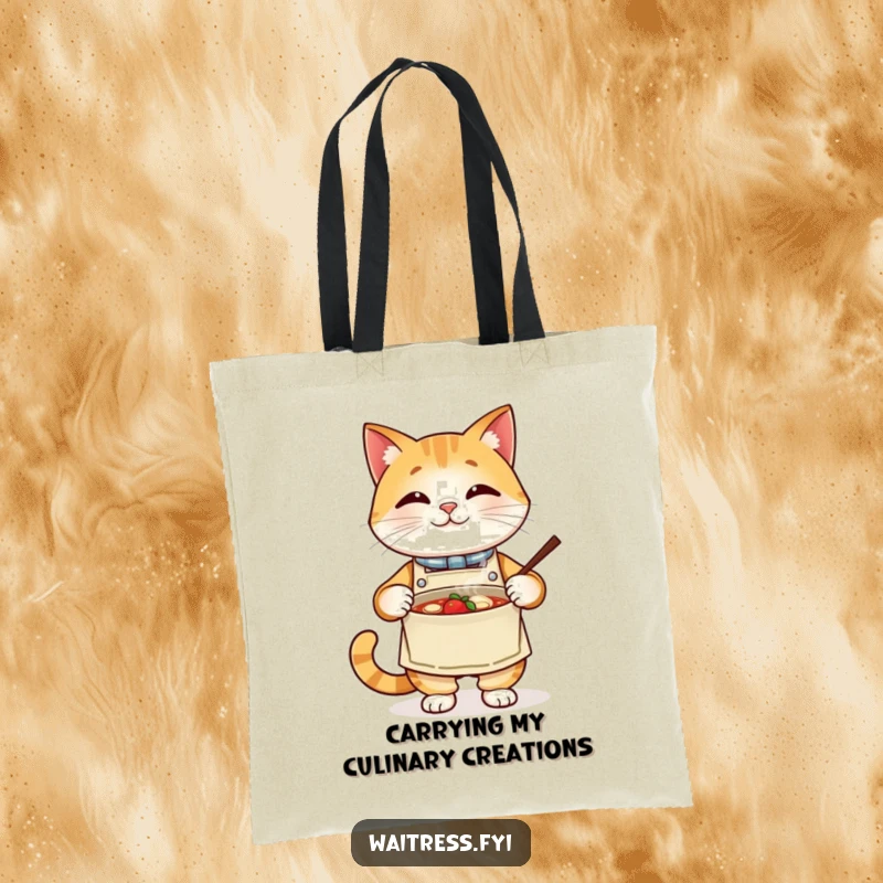 Funny cat chef tote bag, a proud cat in an apron presenting a steaming bowl. A practical and humorous accessory for food lovers.