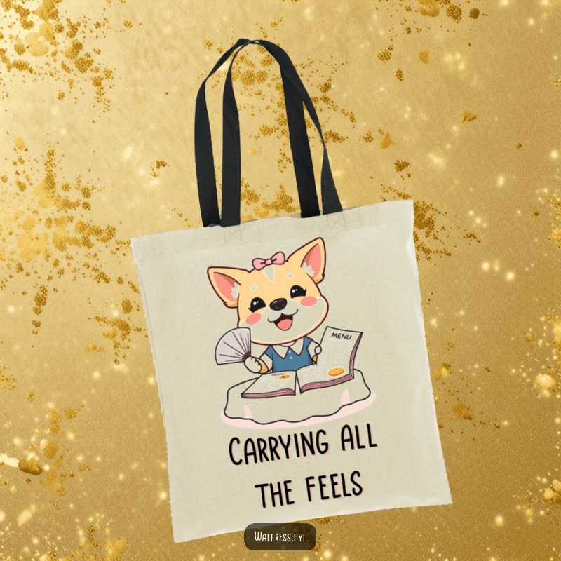 Funny dog waitress tote bag with a bubbly dog fanning a large menu, designed for carrying items with a dose of humor.