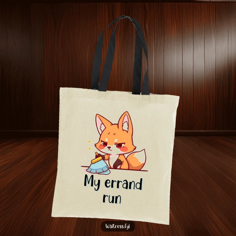 Funny playful fox character wiping a table with a determined expression on a tote bag, ideal for errands and cleaning supplies.