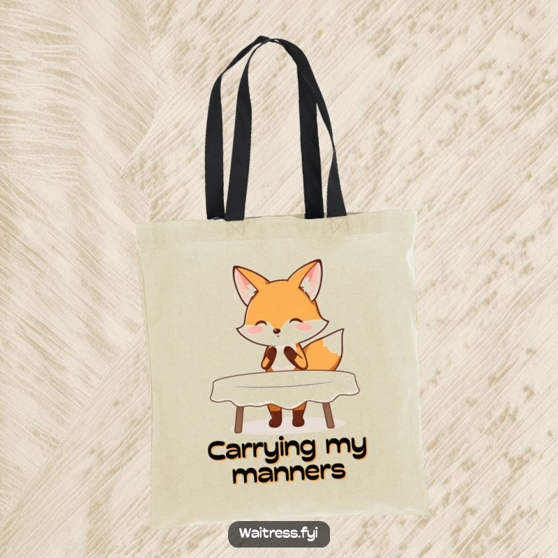Funny tote bag with a blushing fox performing a polite curtsy while clearing a table, perfect for carrying items with grace.
