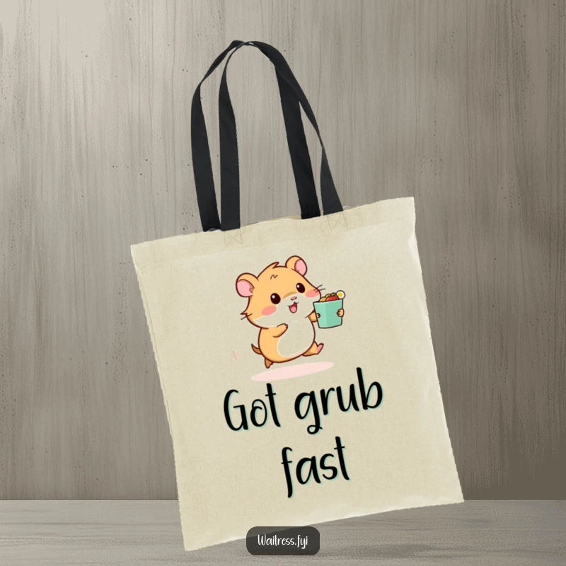 Funny tote bag with a hamster rushing with a food order, ideal for carrying essentials with a humorous, energetic vibe.