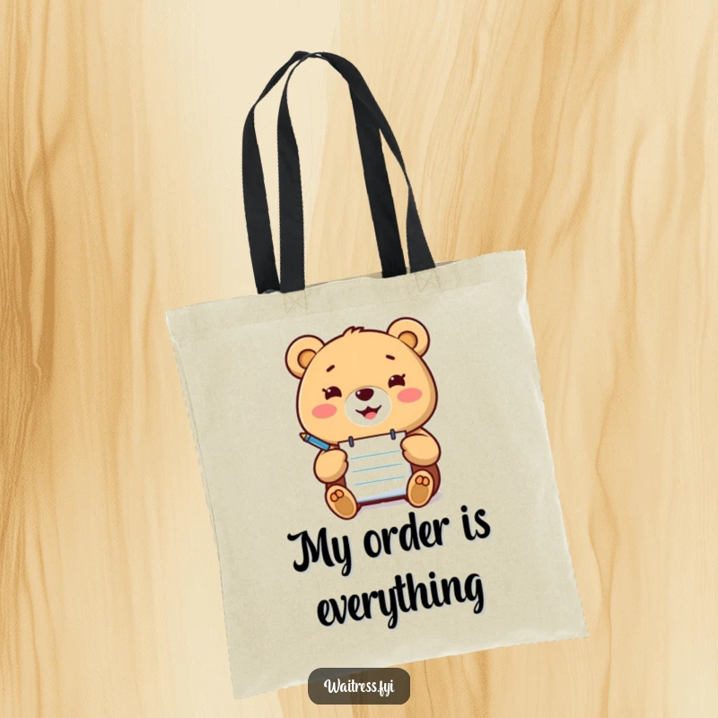 Funny Kawaii bear tote bag with a happy bear holding a notepad and pen, ready to take orders, great for shopping.