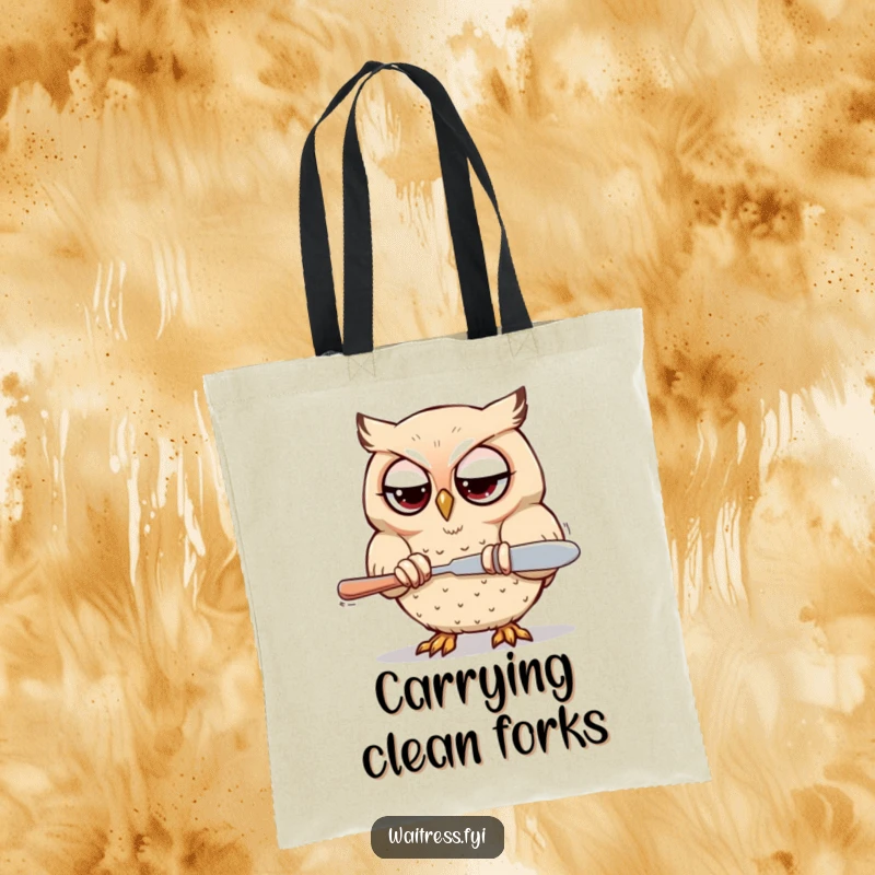 Funny Kawaii owl tote bag with a determined owl polishing silverware with focused eyes, great for shopping.
